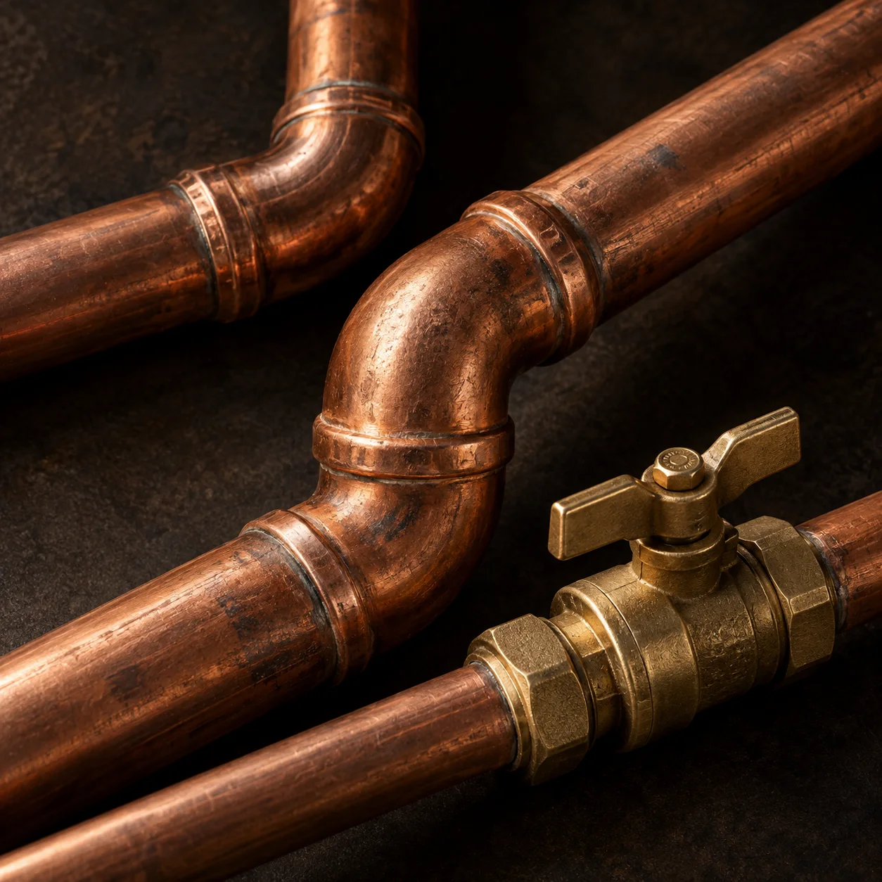 A close study of copper elbows and a brass shut-off valve on a dark work surface