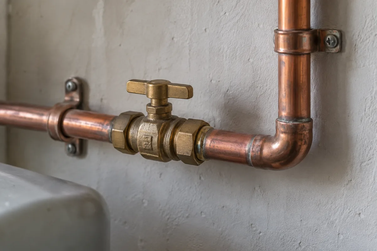 Copper pipework and a brass shutoff valve against a pale wall.
