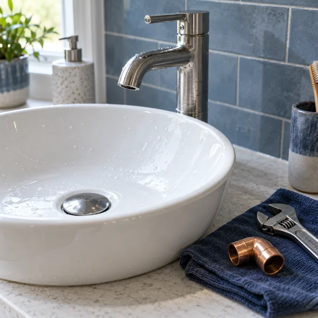 Chrome faucet above a white porcelain basin, with an adjustable wrench and copper fitting on a navy cloth