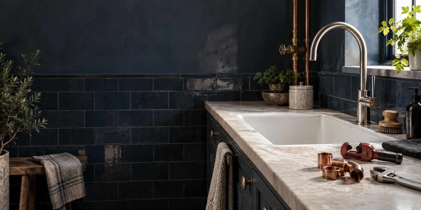Sunlit utility-room sink with a steel tap, copper pipework and plumbing tools on a stone counter