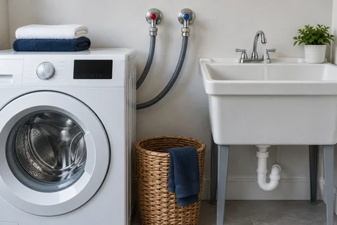 Laundry washing machine and utility sink with water supply connections
