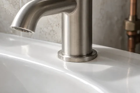 Brushed-metal bathroom tap above a ceramic basin