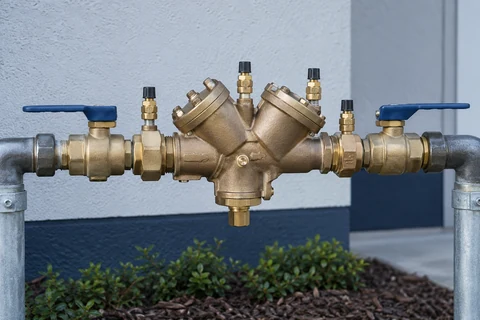 A bronze reduced-pressure backflow prevention assembly with test ports mounted above ground near a building supply line