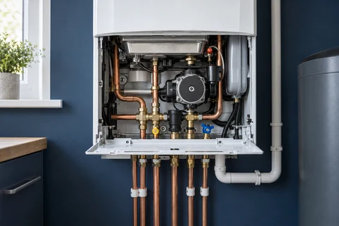 A domestic condensing boiler with the lower service panel open, revealing copper plumbing, circulation pump and pipe connections