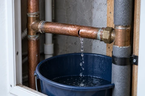 A burst copper pipe with a visible split and a small water leak into a bucket in a utility wall access opening