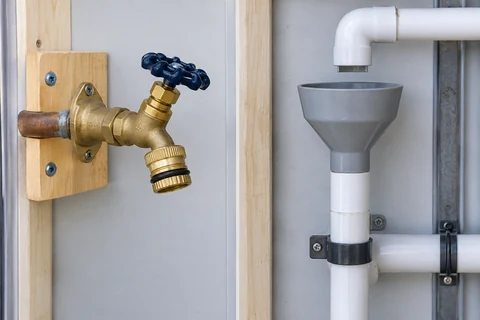 A hose bib vacuum breaker and an air-gapped drain funnel clearly separated on a demonstration plumbing wall