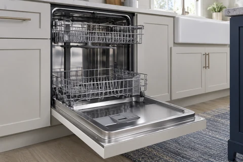 A built-in dishwasher with its door open, clean racks and spray arms visible in a finished pale kitchen
