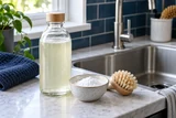 A reusable glass bottle of unlabelled enzyme cleaner beside a small ceramic dish of baking soda and sink cleaning brush