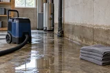 A wet basement floor with a clear water tide mark on the wall, a portable extractor and folded absorbent towels