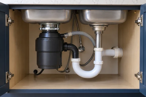 A garbage disposal installed beneath a double-bowl kitchen sink, with drain elbow and dishwasher connection visible in a tidy open cabinet