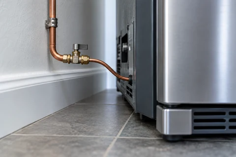 A refrigerator pulled forward enough to reveal a small copper ice-maker supply line and shutoff valve, with the fridge edge as context