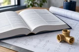 A thick unbranded building-code reference book opened beside a small brass pipe fitting on a drafting table