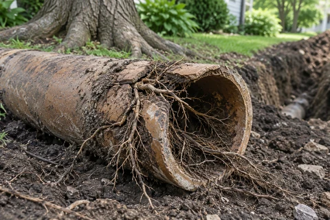 A recovered clay pipe section pierced by fine tree roots beside a tree-lined yard trench