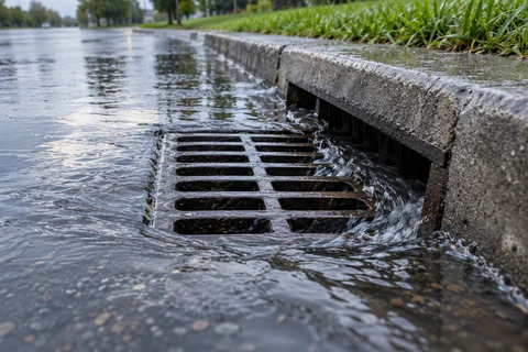 A street stormwater inlet catching rainwater beside a curb, with wet pavement and softly reflected sky