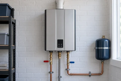 A compact wall-mounted tankless water heater with copper hot and cold lines and service valves against white utility-room brick