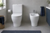 A modern floor-standing toilet beside a separate ceramic bidet in a quiet light-grey bathroom