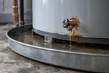 A leaking storage water heater base with a shallow drain pan catching the water, corrosion at the drain valve