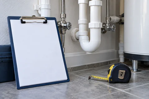 Plumbing inspection clipboard and tape measure beside water pipes