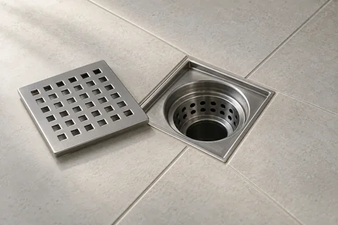 Shower drain with its grate lifted beside it