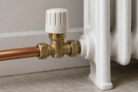Brass radiator valve connected to copper pipe