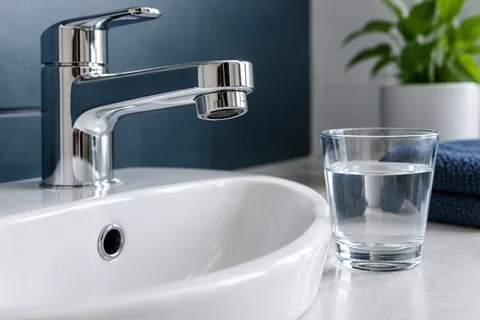 Water-efficient faucet aerator beside a ceramic basin