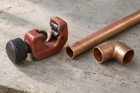 Pipe cutter, copper tube and copper elbow on a workbench